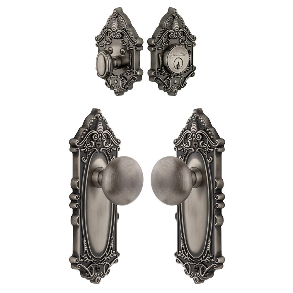 Grandeur by Nostalgic Warehouse Single Cylinder Combo Pack Keyed Differently - Grande Victorian Plate with Fifth Avenue Knob and Matching Deadbolt in Antique Pewter